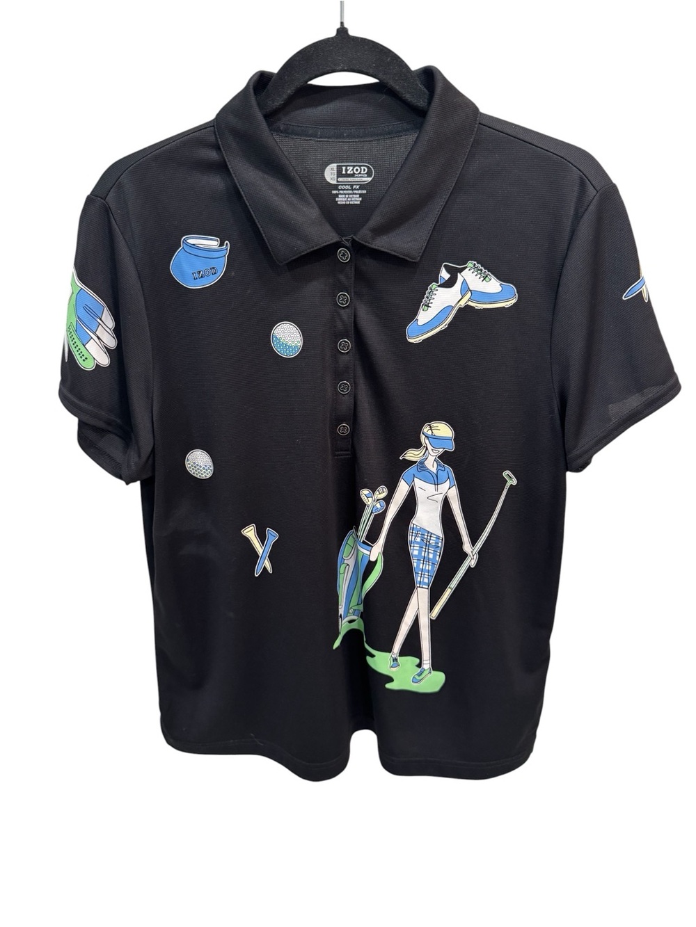 Izod Perform X Cool Fx Womens Golf Polo Shirt Black Print Golf Design XL Black